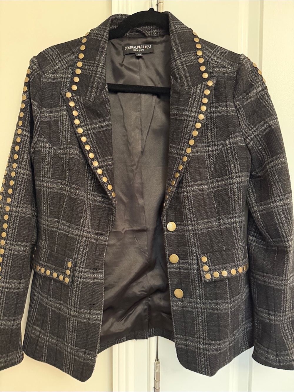 Central Park West Black & Gray Plaid Studded Blazer